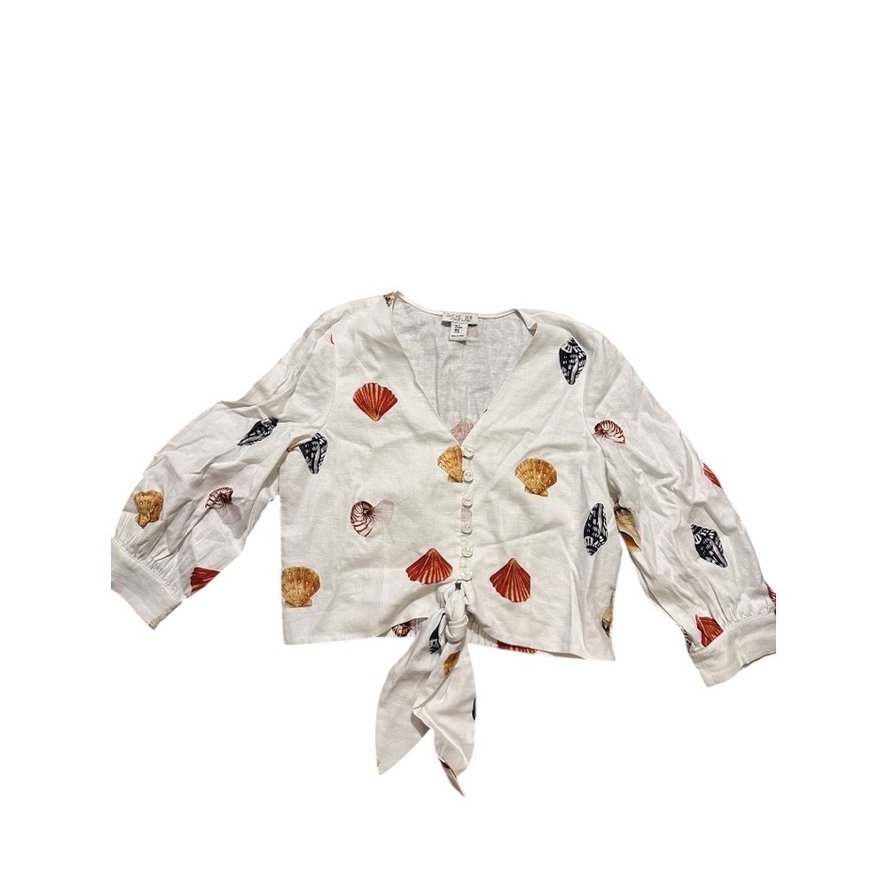 Rachel Zoe White Linen Blend Shell Print Tie-Front Top | NWOT | Size M